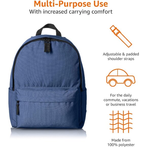 🆕 Men Blue Classic School Featuring Adjustable Padded Double-Zipper Backpack - Picture 4 of 7
